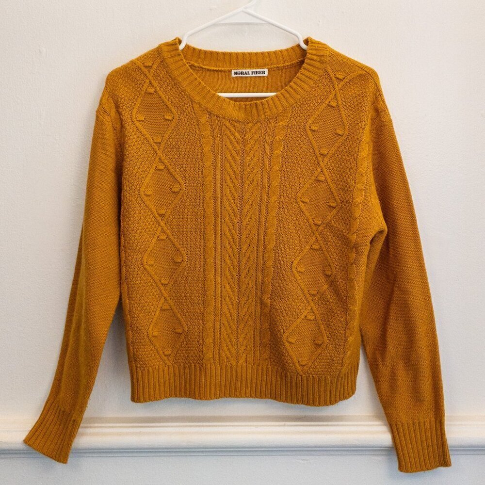 Moral Fiber Mustard Yellow Cable Knit Sweater | Cozy Fall Staple | Size Not List - Picture 2 of 3